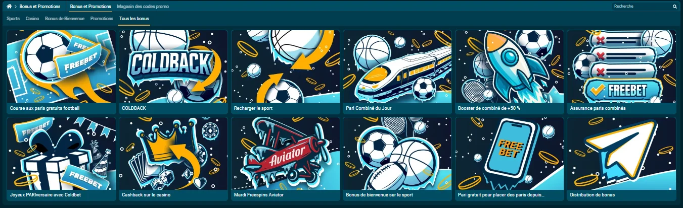Page des bonus et promotions Coldbet avec Coldback, Freebet, Recharge sport et autres offres