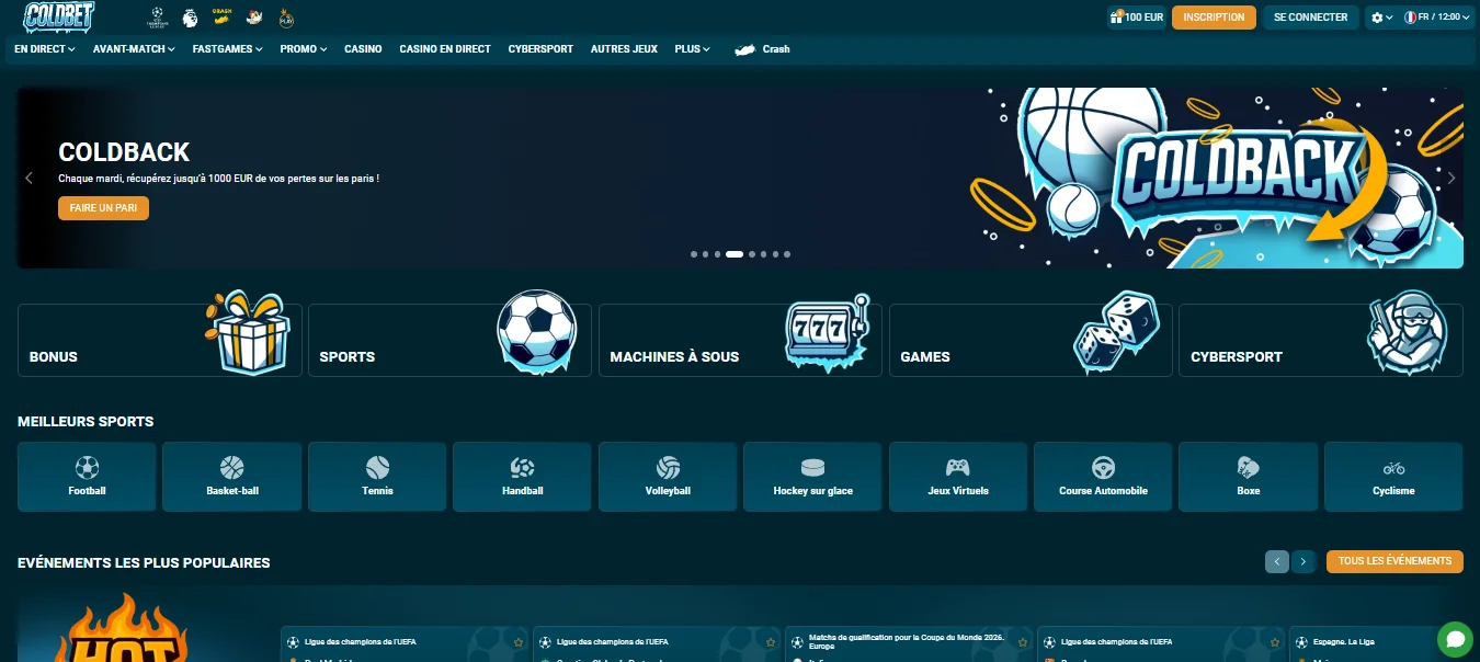Page d'accueil du site officiel Coldbet en français avec les sections sport et casino