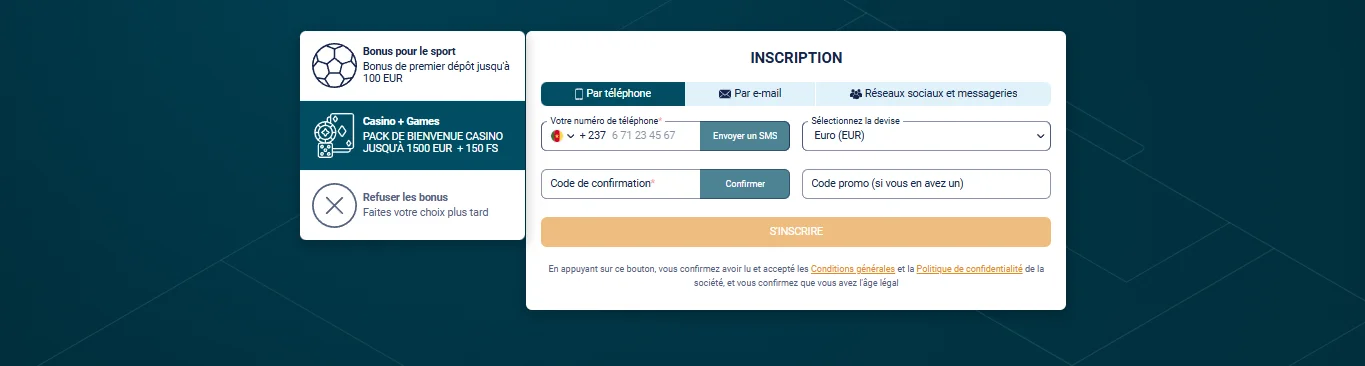 Formulaire d'inscription Coldbet avec choix du pack de bienvenue casino ou sport